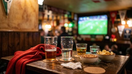 Fototapeta premium Pub table with drinks and snacks during football match on TV
