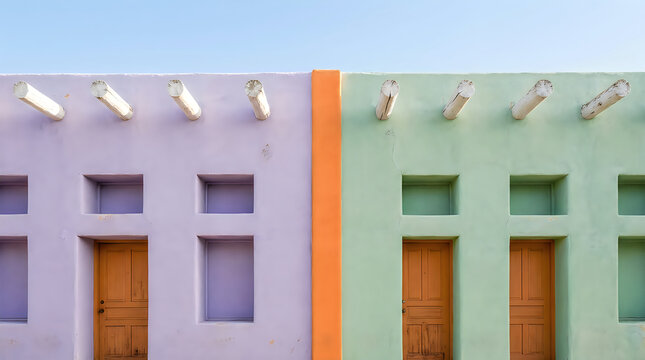 Colorful southwest style buildings with wooden viga beams