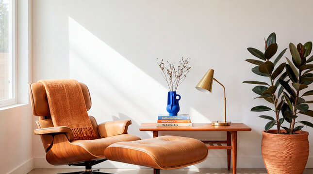Cozy midcentury reading corner with tan lounge chair and brass table lamp