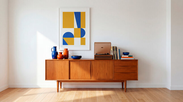 Midcentury teak sideboard with abstract art and vinyl record player on wall