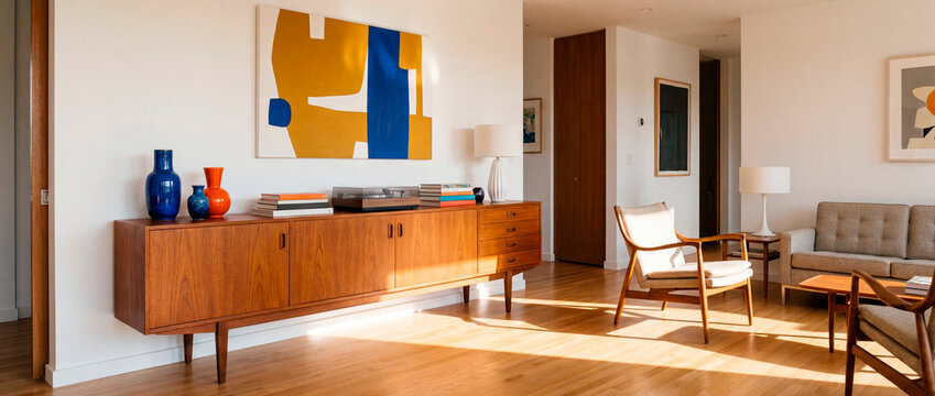 Elegant midcentury living room with teak credenza and bold abstract artwork
