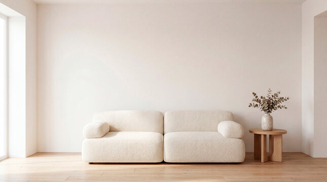 Minimalist japandi living room mockup with white boucle sofa and empty wall