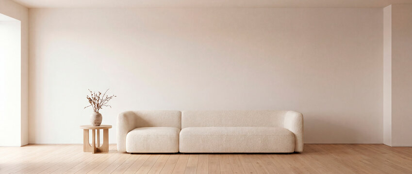 Panoramic minimalist japandi living room mockup with boucle sofa and blank wall