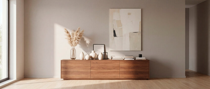 Warm minimalist living room with walnut sideboard and muted abstract artwork