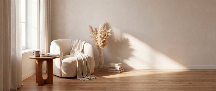 Serene japandi reading nook with boucle armchair and pampas grass in sunlight