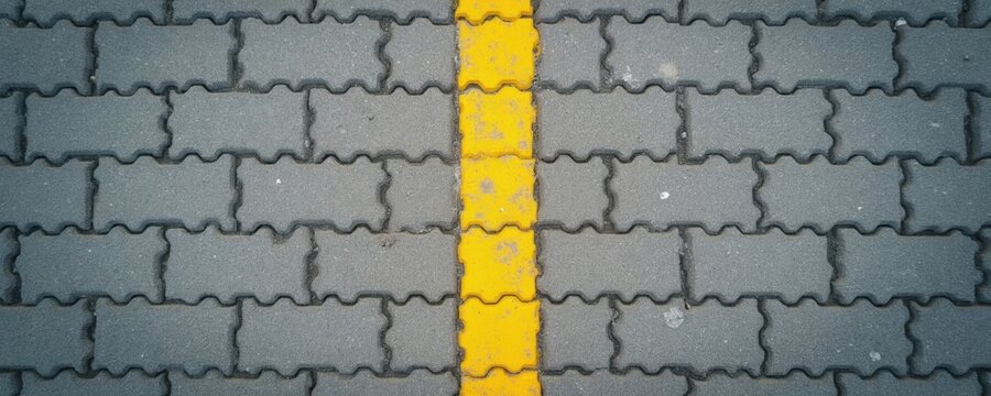 Grey interlocking pavers form textured surface with bright yellow line marking boundary. This urban ground pattern is suitable for construction or street scenes. Paving has rough, weathered look.