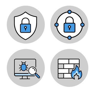 Cyber security icons set in vector with protection lock key graphic and company firewall button 