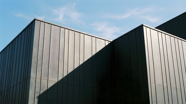 Modern architectural building facade with dark metal paneling