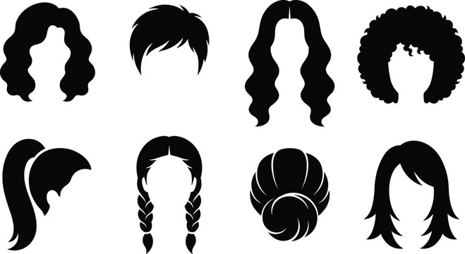 Collection of woman hairstyle silhouettes featuring diverse haircut types like wavy curly afro braids ponytail and short hair icons isolated on white background