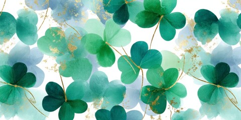 watercolor clover leaves with gold foil accents, seamless pattern on a white background, soft green and dark emerald colors.