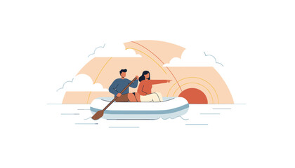Fototapeta premium Couple paddling in a small white boat on calm water while pointing at the horizon during a peaceful sunset sky.