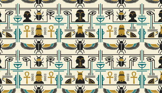 Seamless pattern featuring ancient Egyptian motifs including scarabs hieroglyphs and Ankh symbols on a light beige background design.