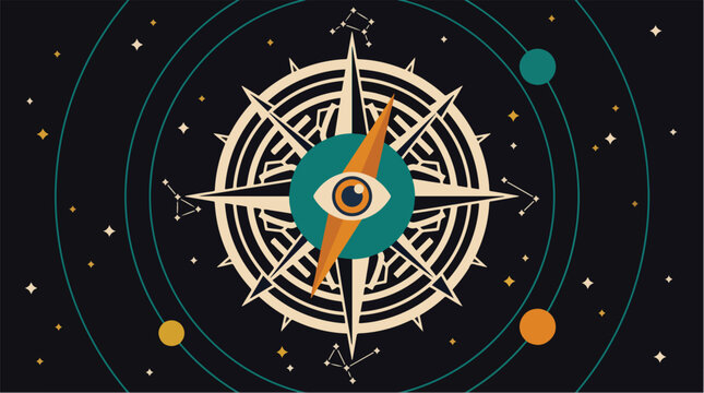 Surreal Anatomical Bone Compass Pointing Through Time and Space in a Cosmic Setting &mdash; Flat Vector for Science, Philosophy, and Navigation Concepts