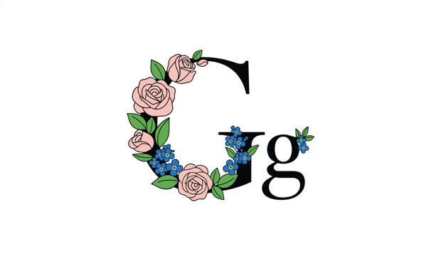 Elegant letter G initial surrounded by a wreath of pink roses and delicate blue forget-me-not flowers on a white background.