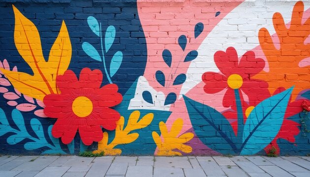 Colorful mural art on brick wall featuring abstract flowers and leaves. Vibrant botanical pattern in flat design style. Urban street art adds bright decoration to building exterior.