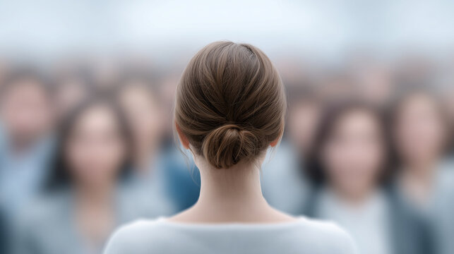 Person standing confidently facing a crowd, overcoming social anxiety, fear of public speaking and self confidence growth concept