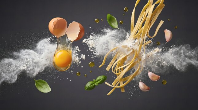Floating raw pasta ingredients with cracked egg flour explosion and basil on gray background