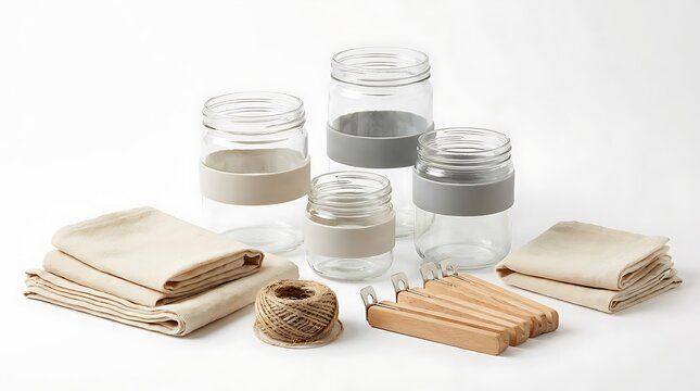 Clear glass jars with notebooks and brown twine string for crafts and office organization.DIY food storage closures