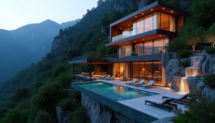Naklejka premium Modern luxury villa built into mountainside. Infinity pool overlooks forest valley. Waterfall cascades near building, offering serene relaxation and scenic views.