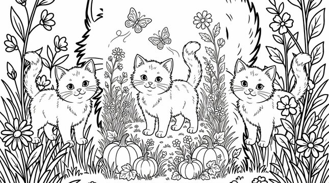Three cute kittens playing in garden with flowers and pumpkins