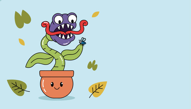 Playful cartoon Venus flytrap plant in a terracotta pot capturing a fly with its trap, surrounded by autumn leaves on a light blue background.