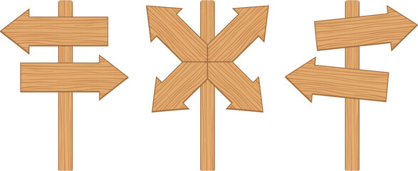 Blank wooden directional signpost and arrow boards vector icon clipart isolated on white background © VactorZone