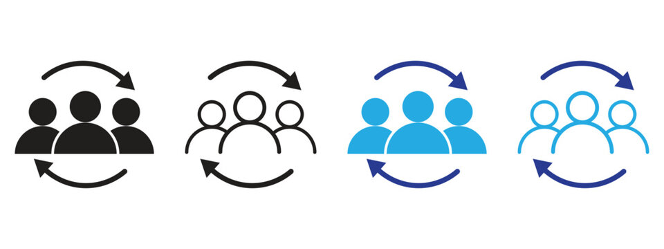 Personnel Change Icon Set, Employee Replacement and Staff Update Symbols in Black White Blue Stroke and Solid Line Style Vector Illustration