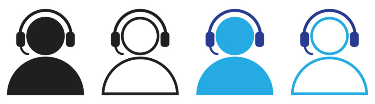 Personal Assistant Icon Set, Solid Black White and Blue Virtual Support Symbols Collection Vector Illustration