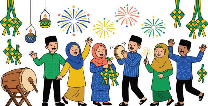 Happy Muslim Family Celebrating Eid Mubarak with Fireworks, Ketupat, Bedug Drum, and Traditional Clothes Vector Illustration Set for Ramadan Mubarak Designs