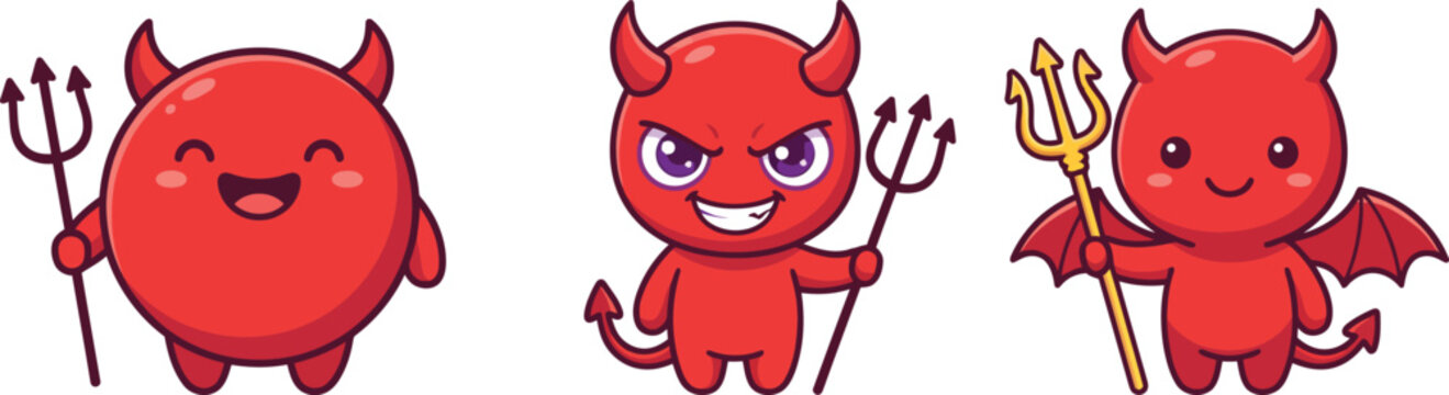 cute red devil cartoon character with pitchfork vector illustration isolated on white background halloween mascot clipart graphic element