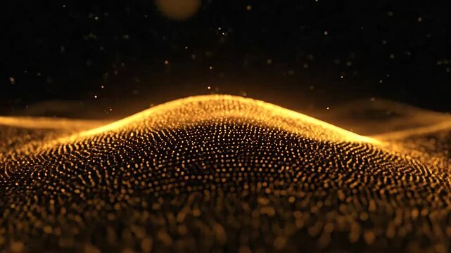 Golden glowing particle waves undulate across a deep black background in a mesmerizing abstract digital landscape