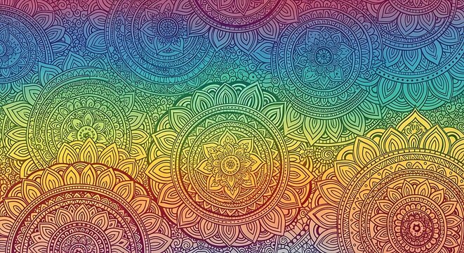 Colorful Rainbow Mandala Pattern Background with Ornamental Floral Circles