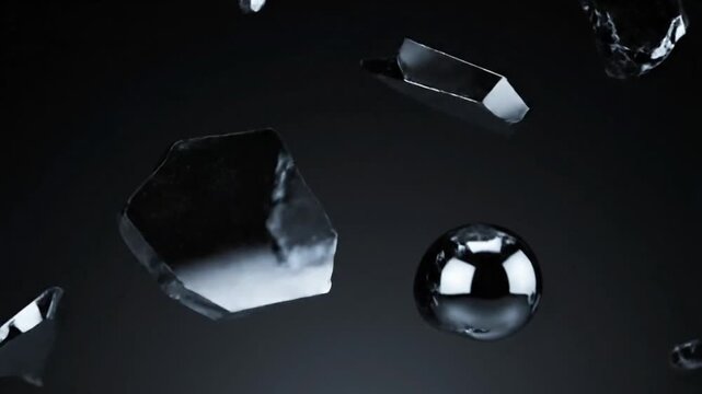 Abstract composition of floating geometric shapes and spheres against a dark background.