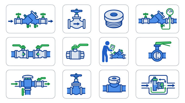 Plumbing Icons: Valves, Backflow Preventers, Water Meter, Pipe Fittings