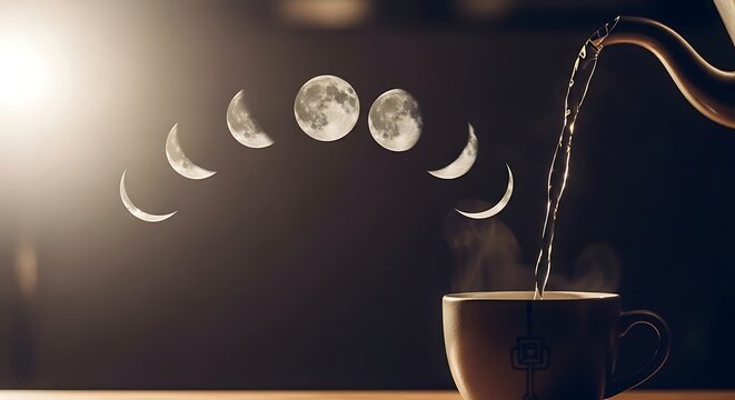 Hot tea pouring into a cup with magical moon phases in dark background