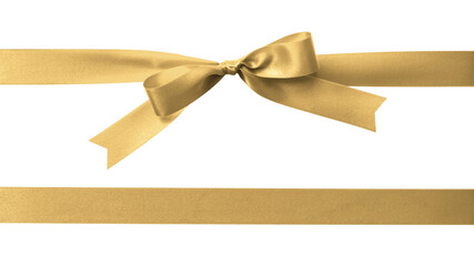 Fototapeta na wymiar Gold bow ribbon band satin golden stripe fabric (PNG isolated on transparent background) for Christmas holiday gift box, greeting card banner, present wrap design decoration ornament