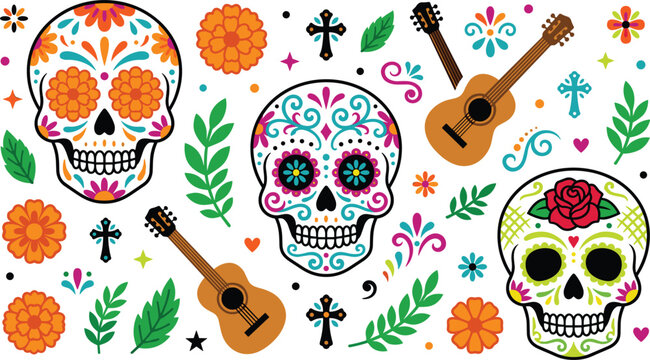 Mexican Day of the Dead Sugar Skull Vector Set with Acoustic Guitars, Orange Marigold Flowers, Holy Crosses, and Festive Decorative Elements for Dia de los Muertos Designs