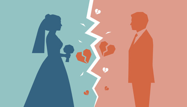 Abstract illustration representing a broken marriage with a couple in silhouettes separated by a jagged crack and broken hearts.
