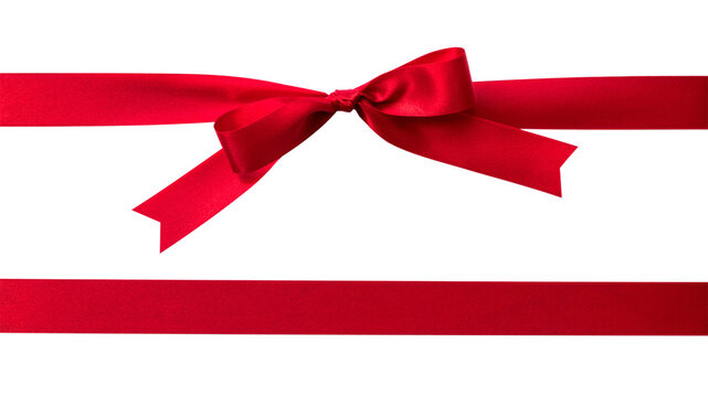 Red ribbon gift bow cross band stripe satin fabric texture (PNG isolated on transparent background) for holiday gift box, wedding greeting card banner, present wrap design decoration ornament