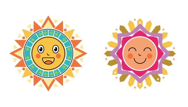 Cheerful set of two cartoon sun icons with smiling faces and decorative sunbeams in bright yellow and orange colors.