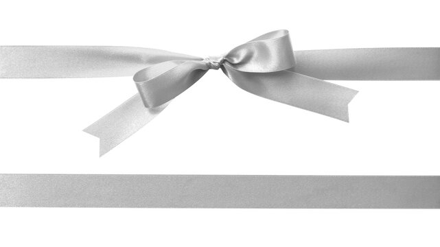 Silver bow ribbon band satin grey stripe fabric (PNG isolated on transparent background) for Christmas holiday gift box, greeting card banner, present wrap design decoration ornament
