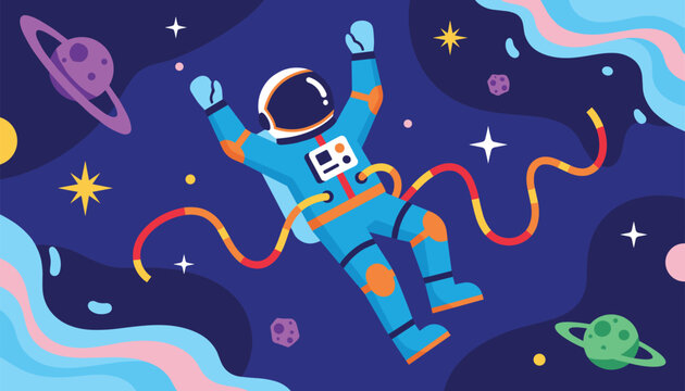 Astronaut floating in deep space surrounded by planets, stars, and colorful cosmic nebulae in a vibrant galaxy illustration.