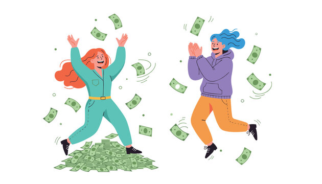 Two happy women celebrating success by jumping in the air as money rains down around them, representing wealth and fortune.