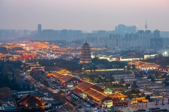 Aerial night view of the Great Tang All Day Mall and Giant Wild Goose Pagoda, Xi'an, China