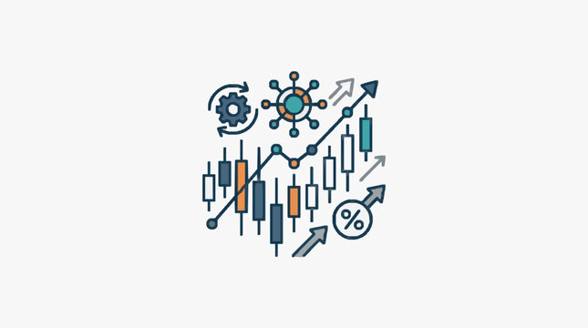 Financial stock market trading chart analysis with growth arrows and percentage symbol.