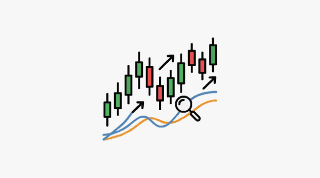 Candlestick chart with magnifying glass and arrows indicating growth.