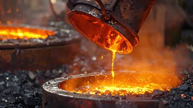 Pouring molten metal into a crucible in a foundry with sparks and steam