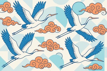 Naklejka premium Elegant white cranes flying among orange clouds on a soft geometric light blue background, symbolizing peace and harmony in stylized art concept. Ai generative