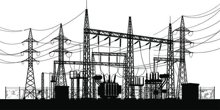 Electrical power station silhouette against a white background detailed illustration of transmission towers and transformers substation plant lines