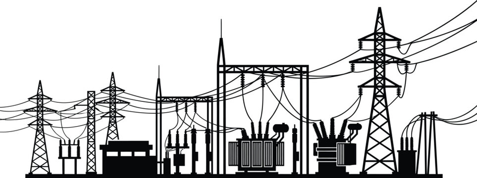 Electrical power station silhouette against a white background depicting transmission towers and transformers plant substation lines electricity pylons